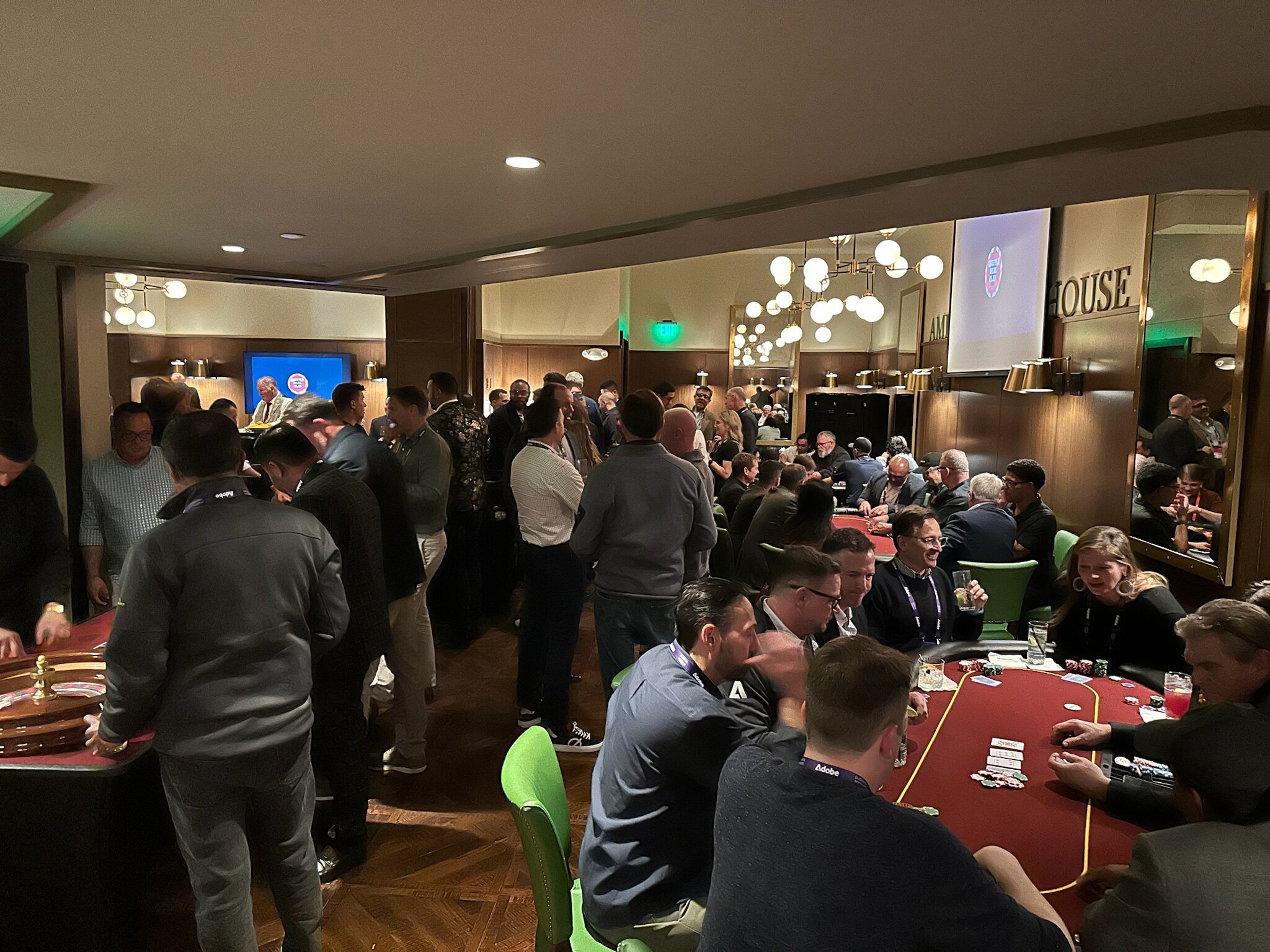 Coworkers connecting across a lively casino floor