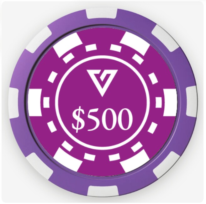Purple custom Goliath Ventures casino cheque displaying a $500 denomination