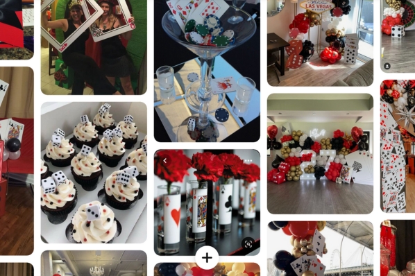 preview of a pinterest board featuring casino party decoration ideas with classic casino colors