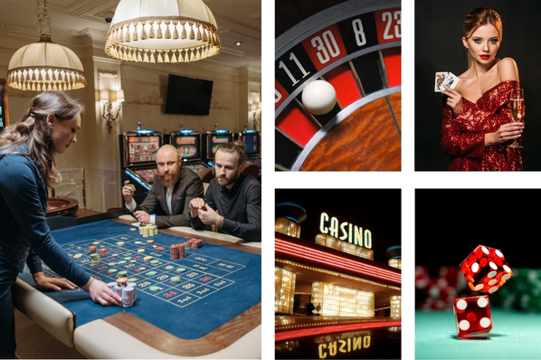 collage of photos featuring classic casino colors red gold black green and blue 