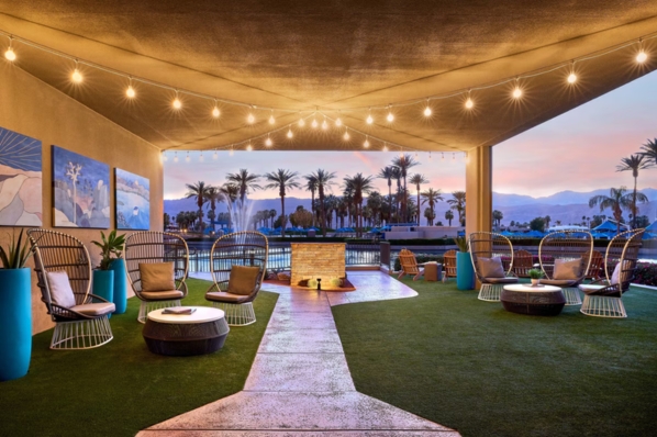 JW Marriott Desert Springs Resort & Spa Palm Desert outside event venue with warm string lights and mountain backdrop