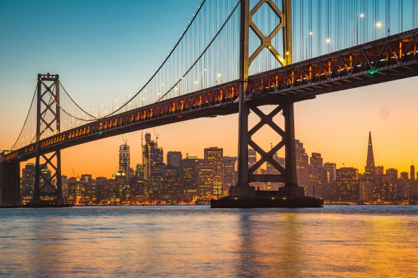 East Bay San Francisco skyline with Oakland Bay Bridge at sunset